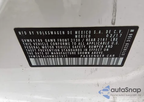 2017 Volkswagen Jetta 1.4T S z USA, uszkodzony, nr VIN 3VW2B7AJ4HM321371